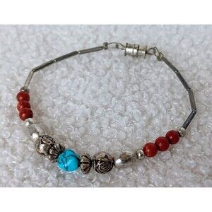 Handmade Southwest Dyed Howlite & Red Jasper Beaded Bracelet 7 in